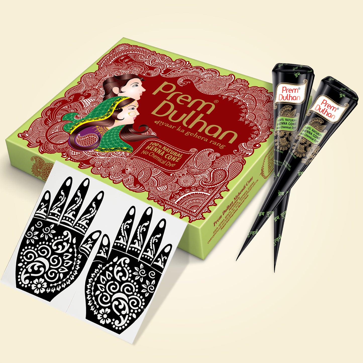 Prem Dulhan Ready to Use Mehendi Cones with Stencils Green Box - Prem Dulhan
