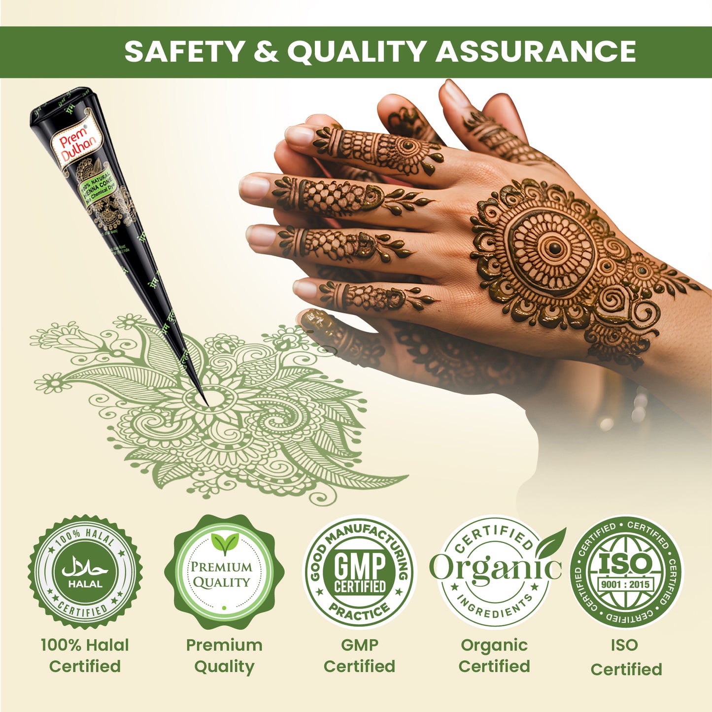 Prem Dulhan Ready to Use Mehendi Cones with Floral Paisley Stencils Green Box