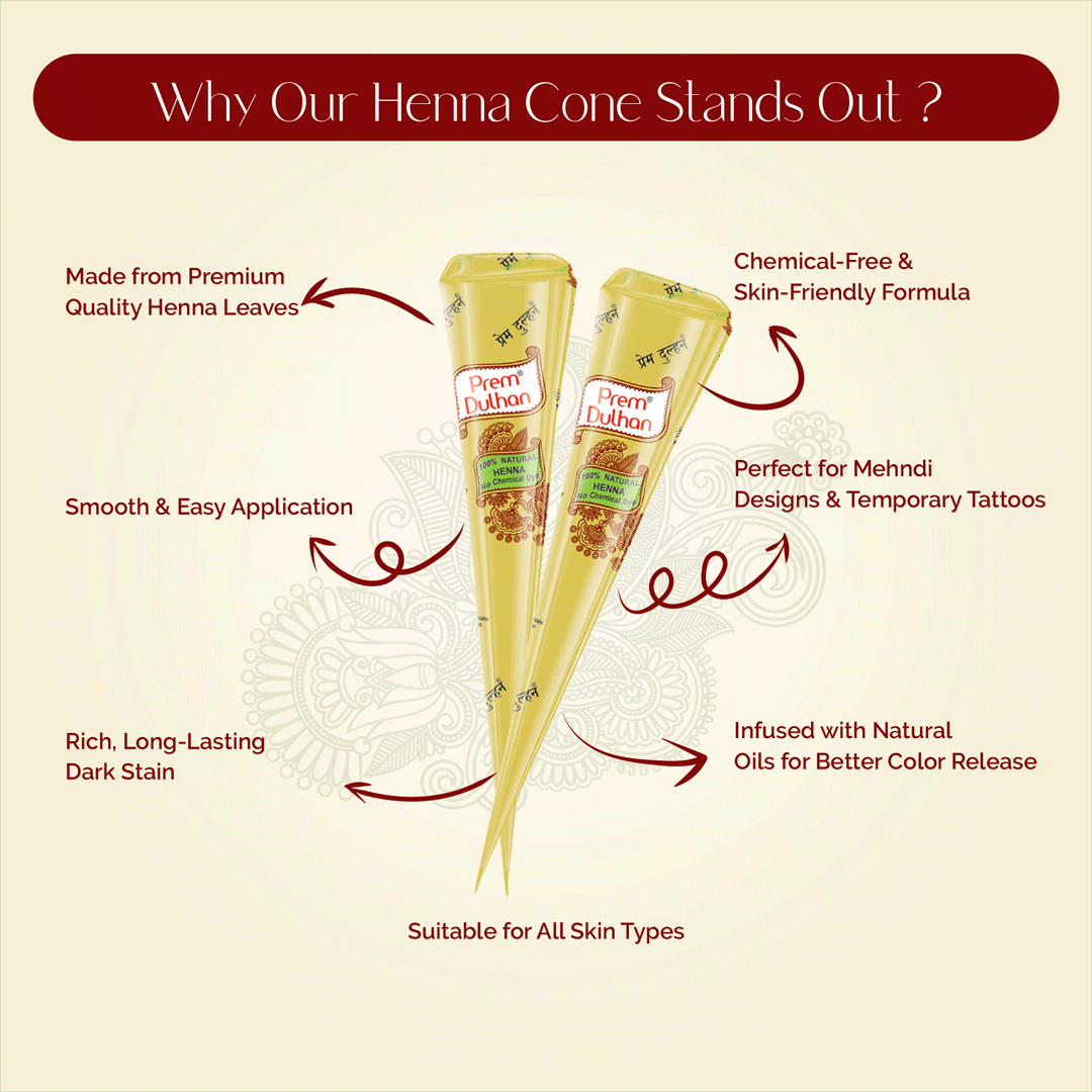 Prem Dulhan Mehendi Cone | 100% Natural Henna Cone-Yellow Box