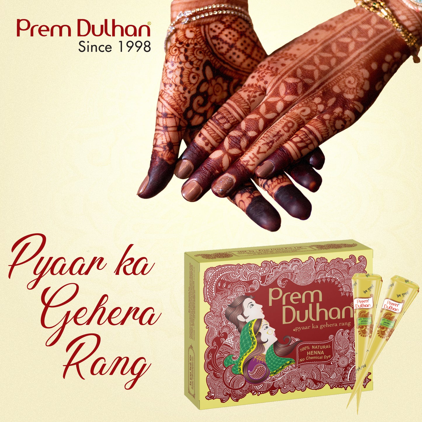 Prem Dulhan Ready to Use Mehendi Cones with Paisley Stencils Yellow Box