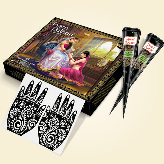 Prem Dulhan Ready to Use Mehendi Cones with Paisley Stencils Black Box