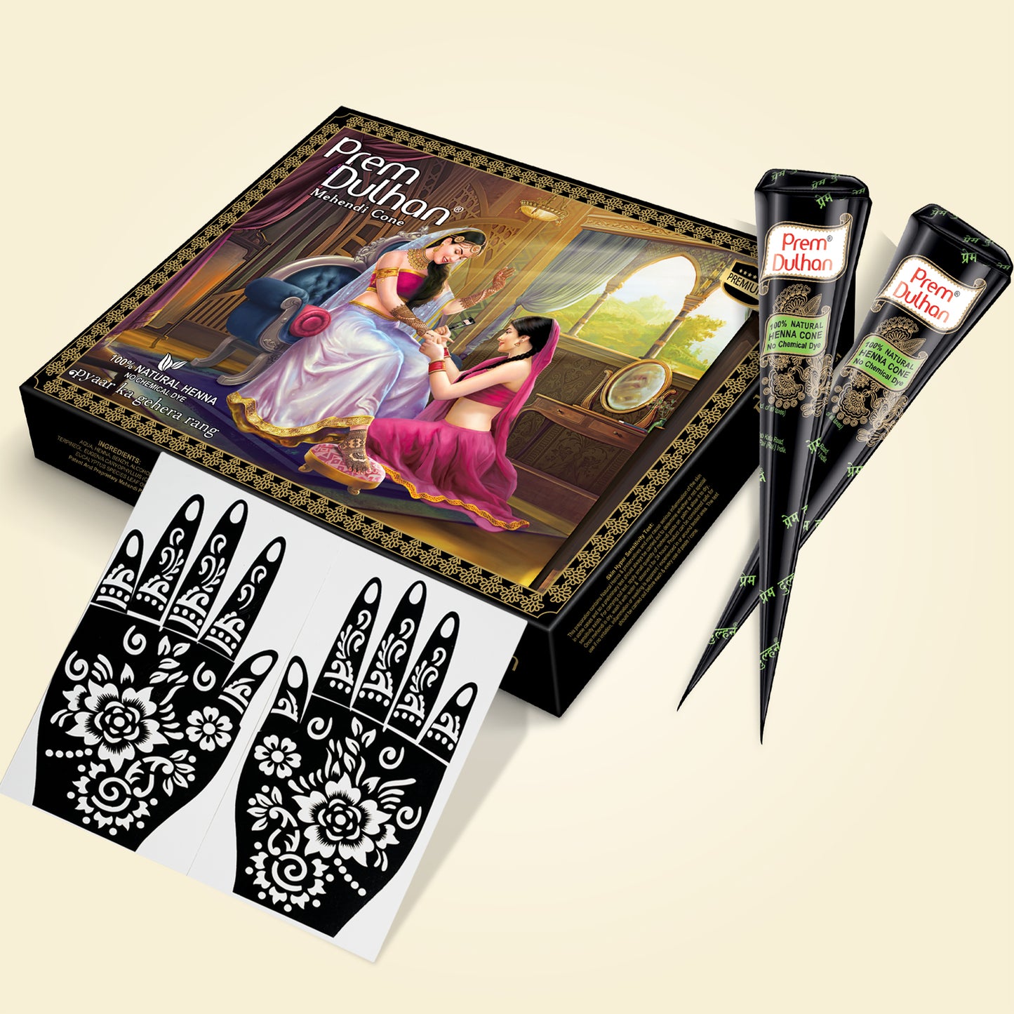 Prem Dulhan Ready to Use Mehendi Cones with Floral Stencils Black Box