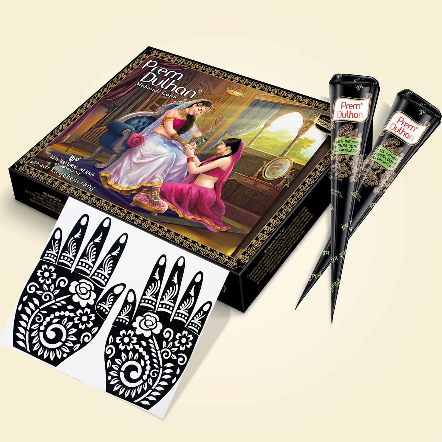 Prem Dulhan Ready to Use Mehendi Cones with Stencils Black Box