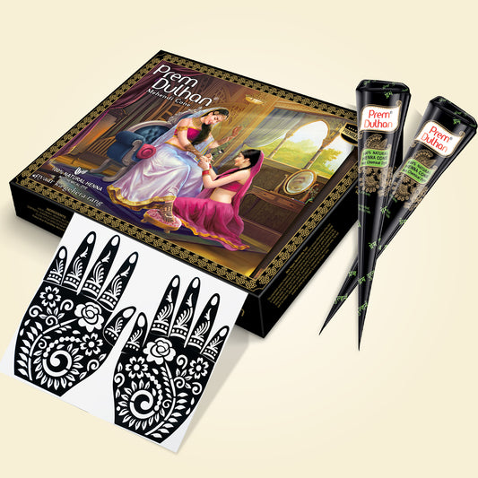 Prem Dulhan Ready to Use Mehendi Cones with Flower Stencils Black Box