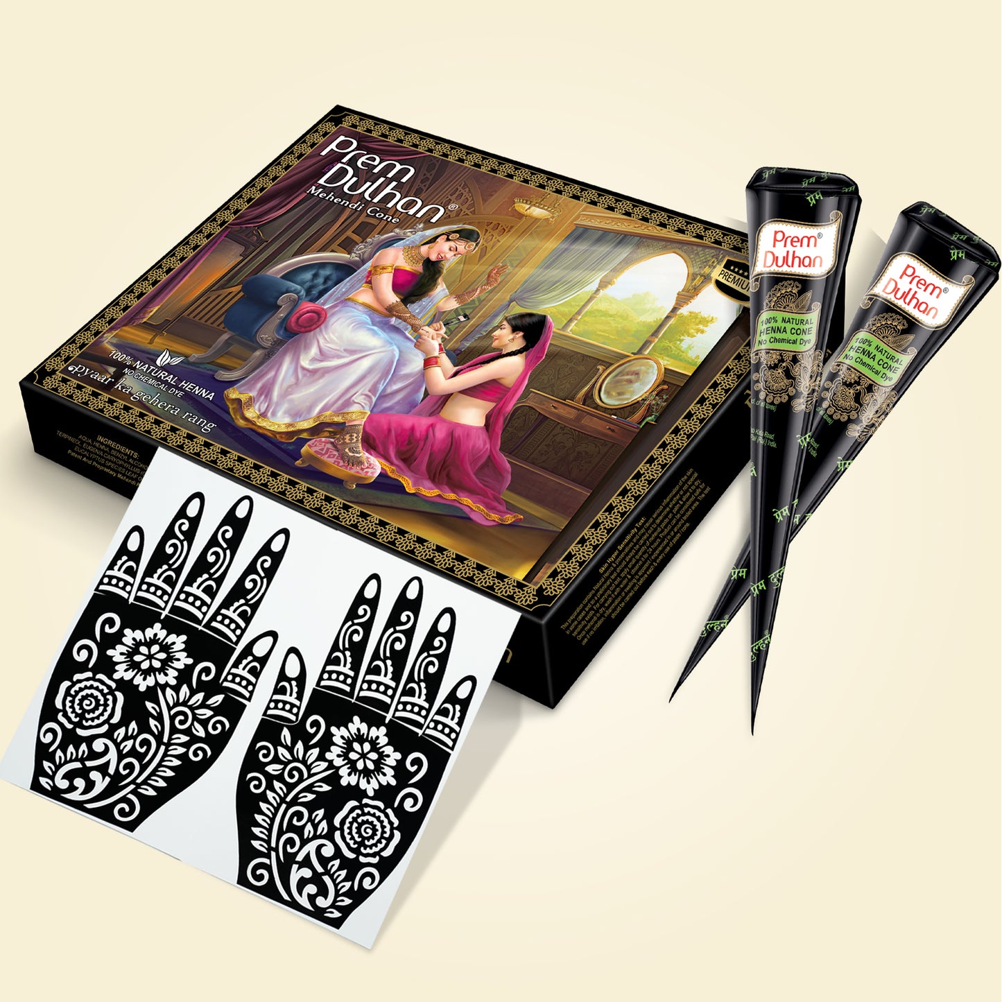 Prem Dulhan Ready to Use Mehendi Cones with Stencils Black Box