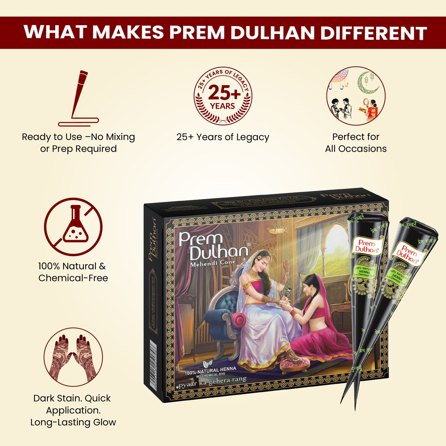 Prem Dulhan Mehendi Cone | 100% Natural Henna Cones- Black Box