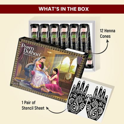 Prem Dulhan Ready to Use Mehendi Cones with Paisley Stencils Black Box