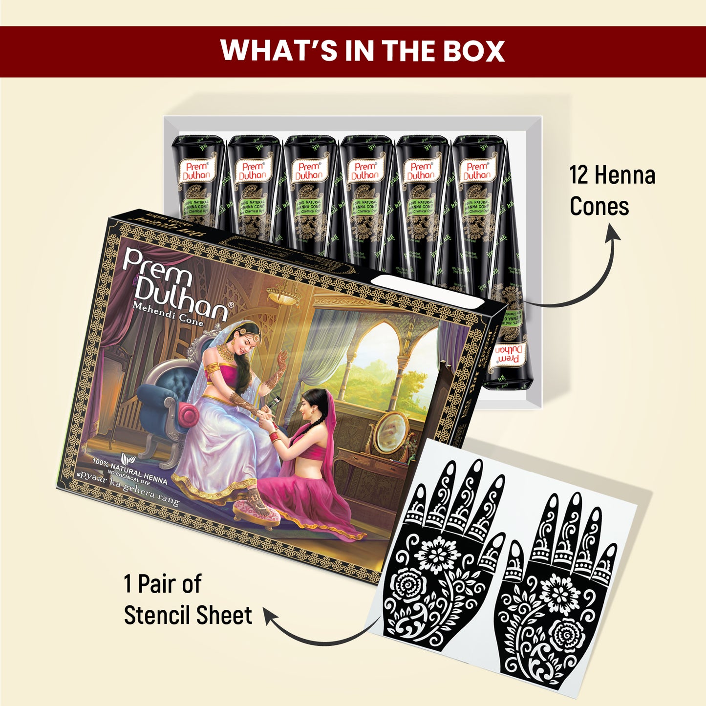 Prem Dulhan Ready to Use Mehendi Cones with Stencils Black Box