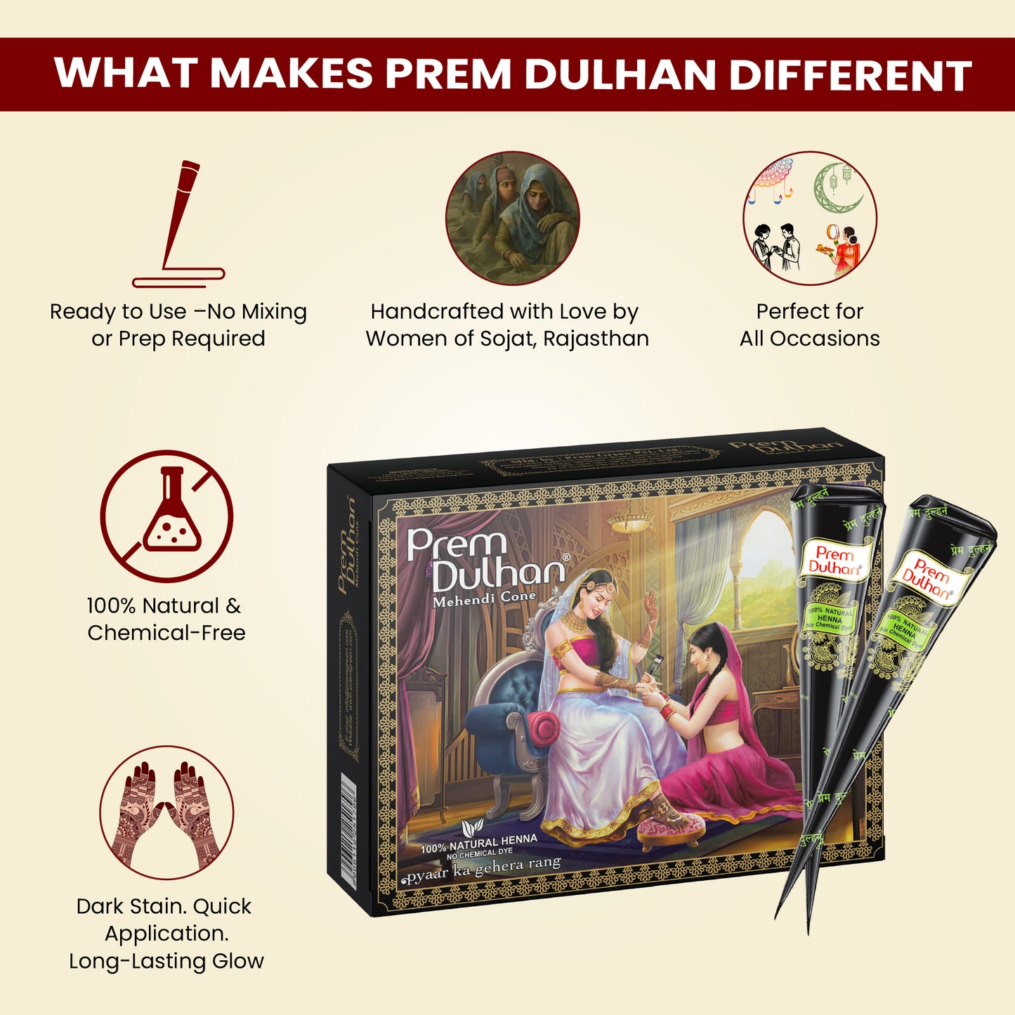 Prem Dulhan Ready to Use Mehendi Cones with Stencils Black Box