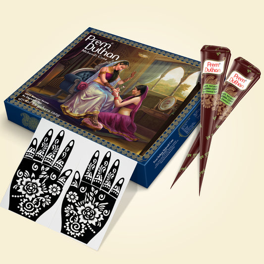 Prem Dulhan Ready to Use Mehendi Cones with Floral Stencils Blue Box
