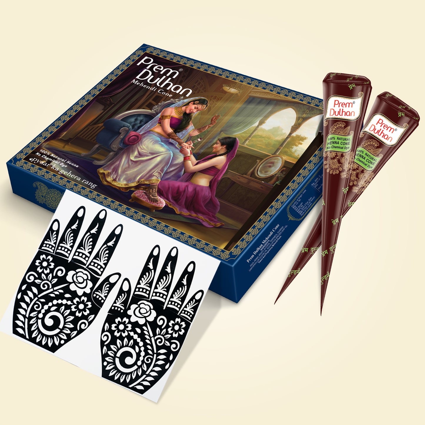 Prem Dulhan Ready to Use Mehendi Cones with Flower Stencils Blue Box