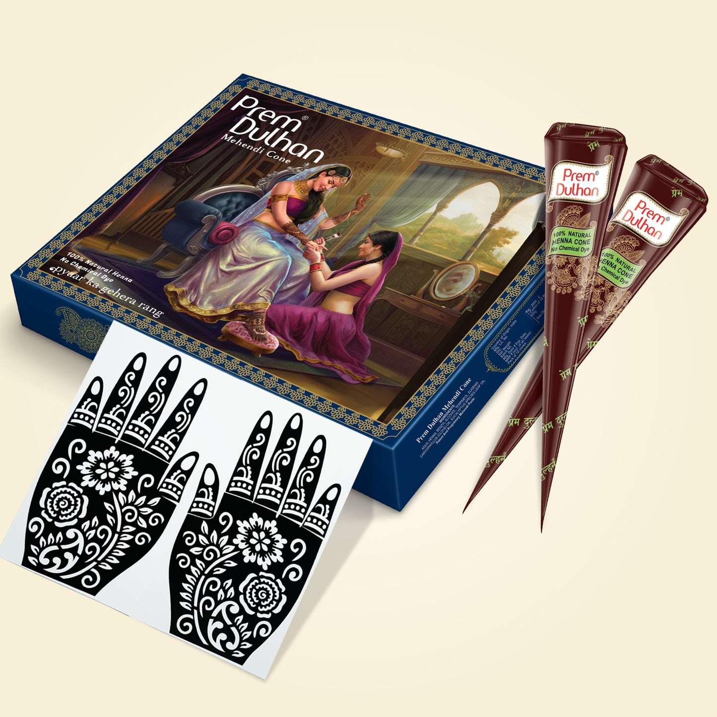 Prem Dulhan Ready to Use Mehendi Cones with Stencils Blue Box