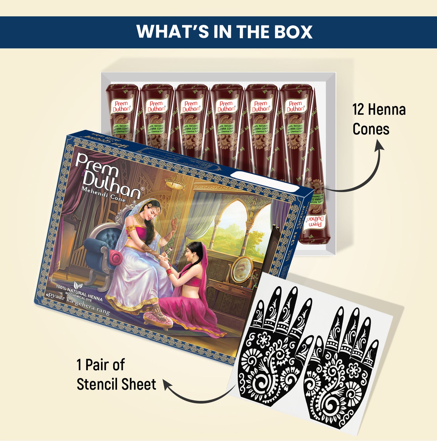 Prem Dulhan Ready to Use Mehendi Cones with Paisley Stencils Blue Box