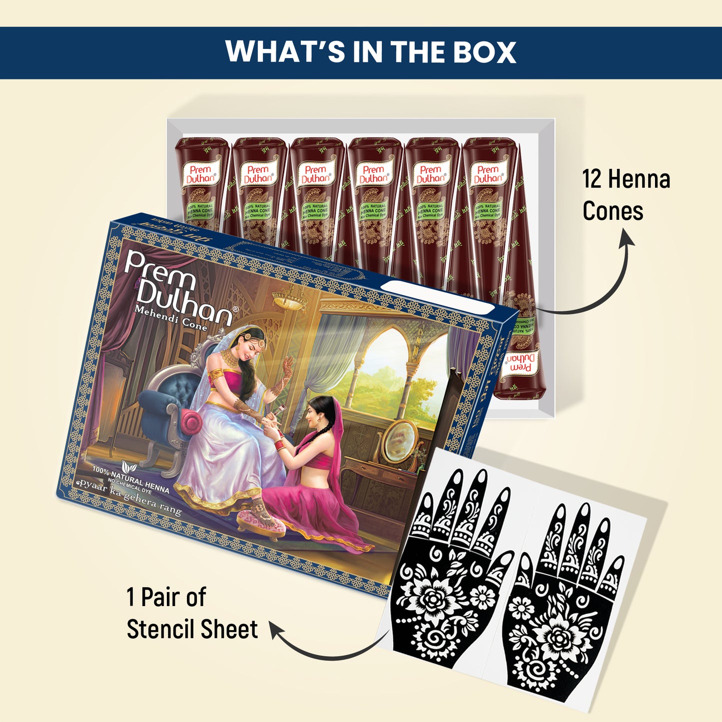 Prem Dulhan Ready to Use Mehendi Cones with Floral Stencils Blue Box