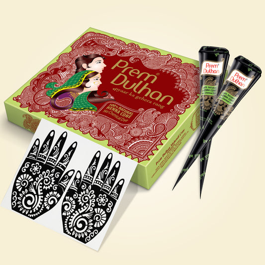 Prem Dulhan Ready to Use Mehendi Cones with Paisley Stencils Green Box
