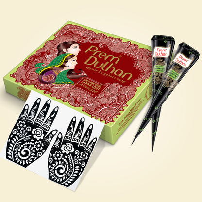 Prem Dulhan Ready to Use Mehendi Cones with Flower Stencils Green Box