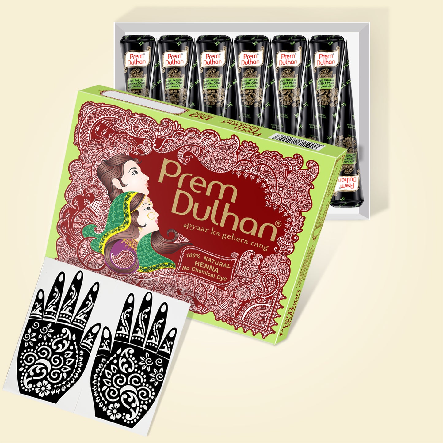 Prem Dulhan Ready to Use Mehendi Cones with Floral Paisley Stencils Green Box