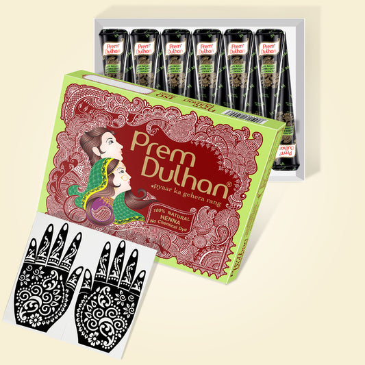 Prem Dulhan Ready to Use Mehendi Cones with Floral Paisley Stencils Green Box