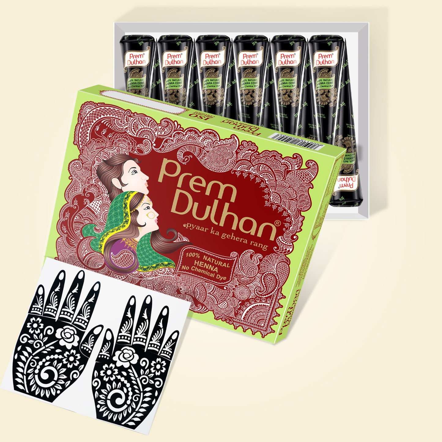 Prem Dulhan Ready to Use Mehendi Cones with Flower Stencils Green Box