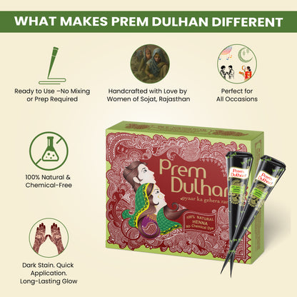 Prem Dulhan Ready to Use Mehendi Cones with Flower Stencils Green Box
