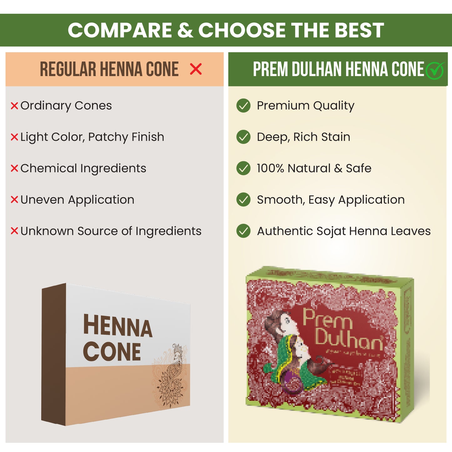 Prem Dulhan Ready to Use Mehendi Cones with Paisley Stencils Green Box