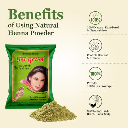 100% Pure Henna Mehendi Powder for Hair & Body Art - Prem Dulhan