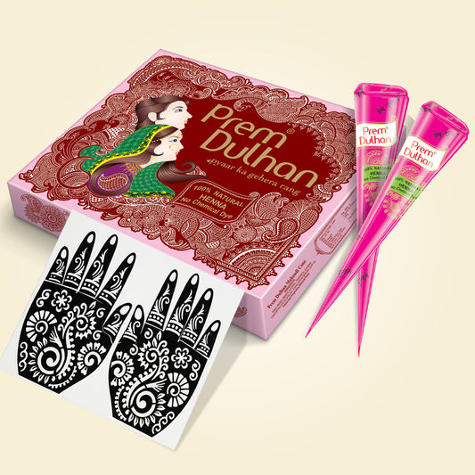 Prem Dulhan Ready to Use Mehendi Cones with Paisley Stencils Pink Box