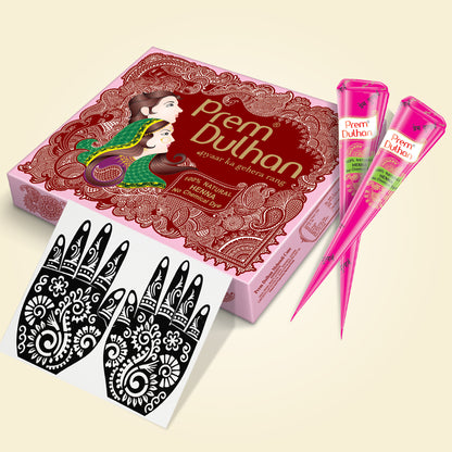 Prem Dulhan Ready to Use Mehendi Cones with Stencils Pink Box