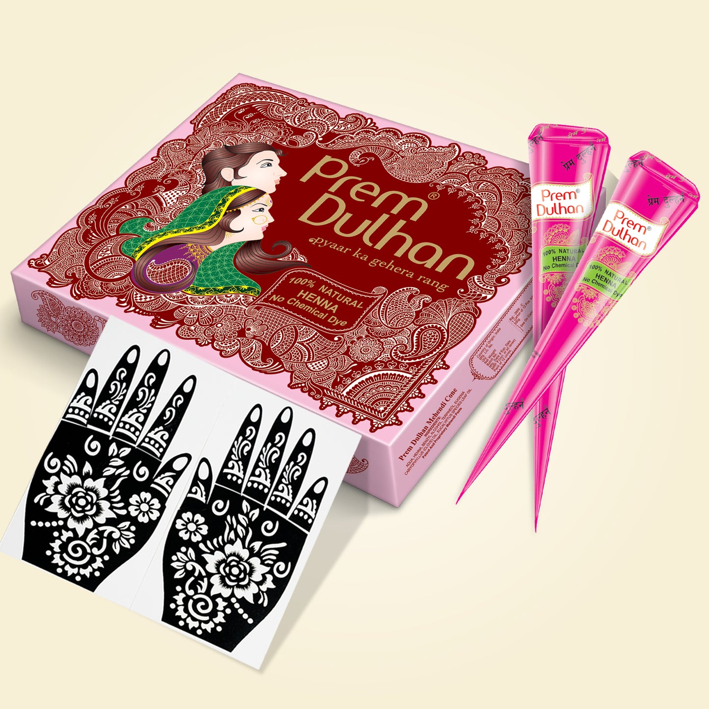 Prem Dulhan Ready to Use Mehendi Cones with Stencils Pink Box