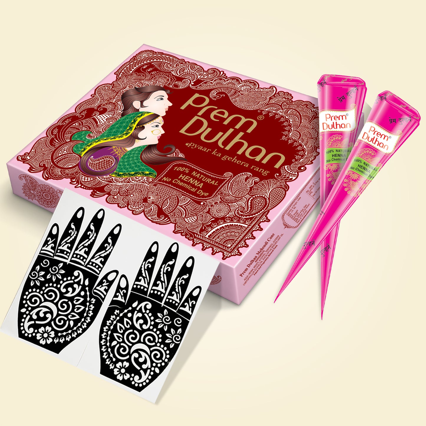 Prem Dulhan Ready to Use Mehendi Cones with Stencils Pink Box