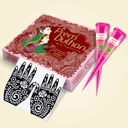 Prem Dulhan Ready to Use Mehendi Cones with Stencils Pink Box