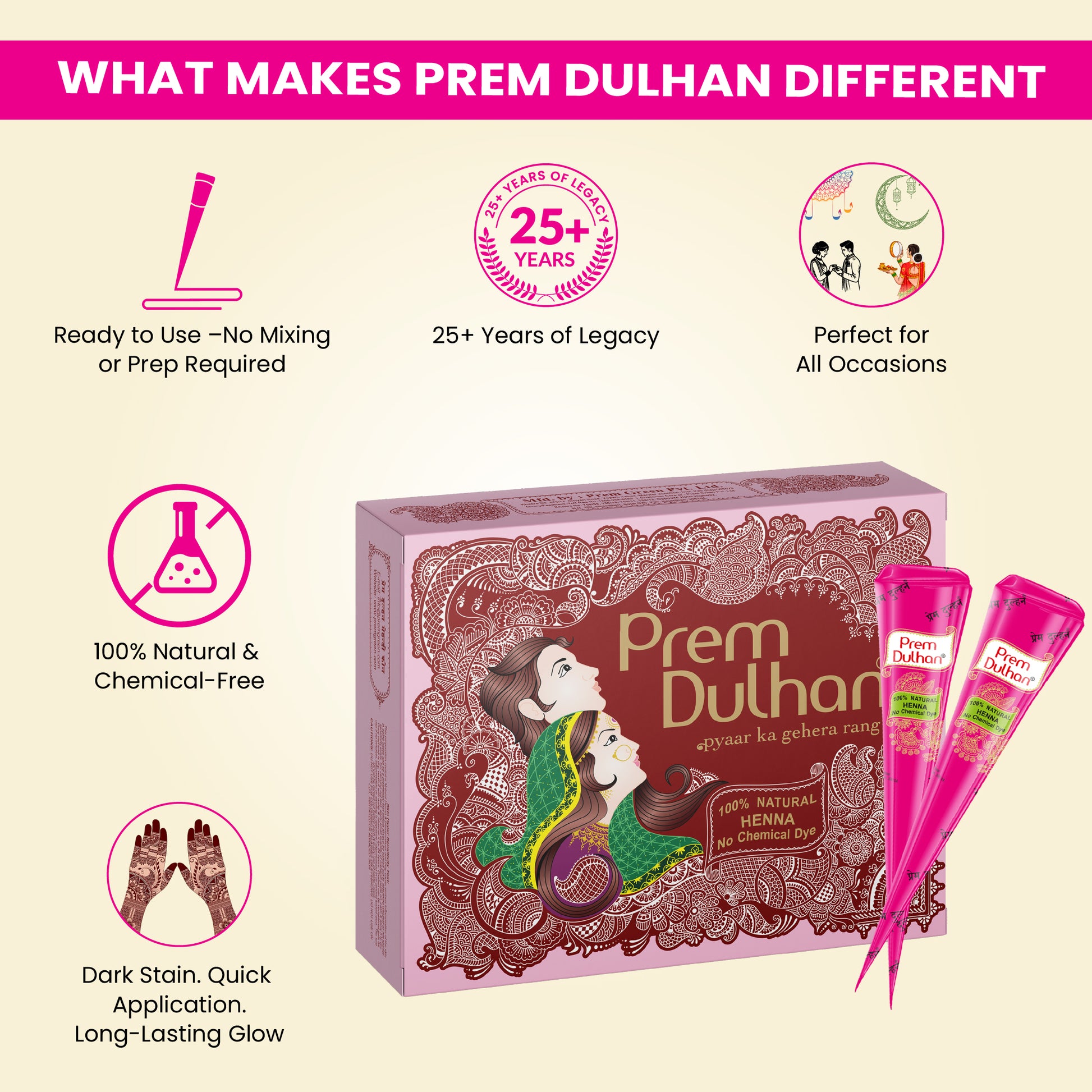 Prem Dulhan Mehendi Cone | 100% Natural Henna Cones-Pink Box - Prem Dulhan