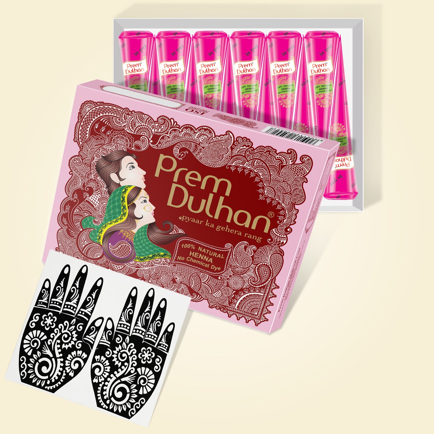 Prem Dulhan Ready to Use Mehendi Cones with Stencils Pink Box