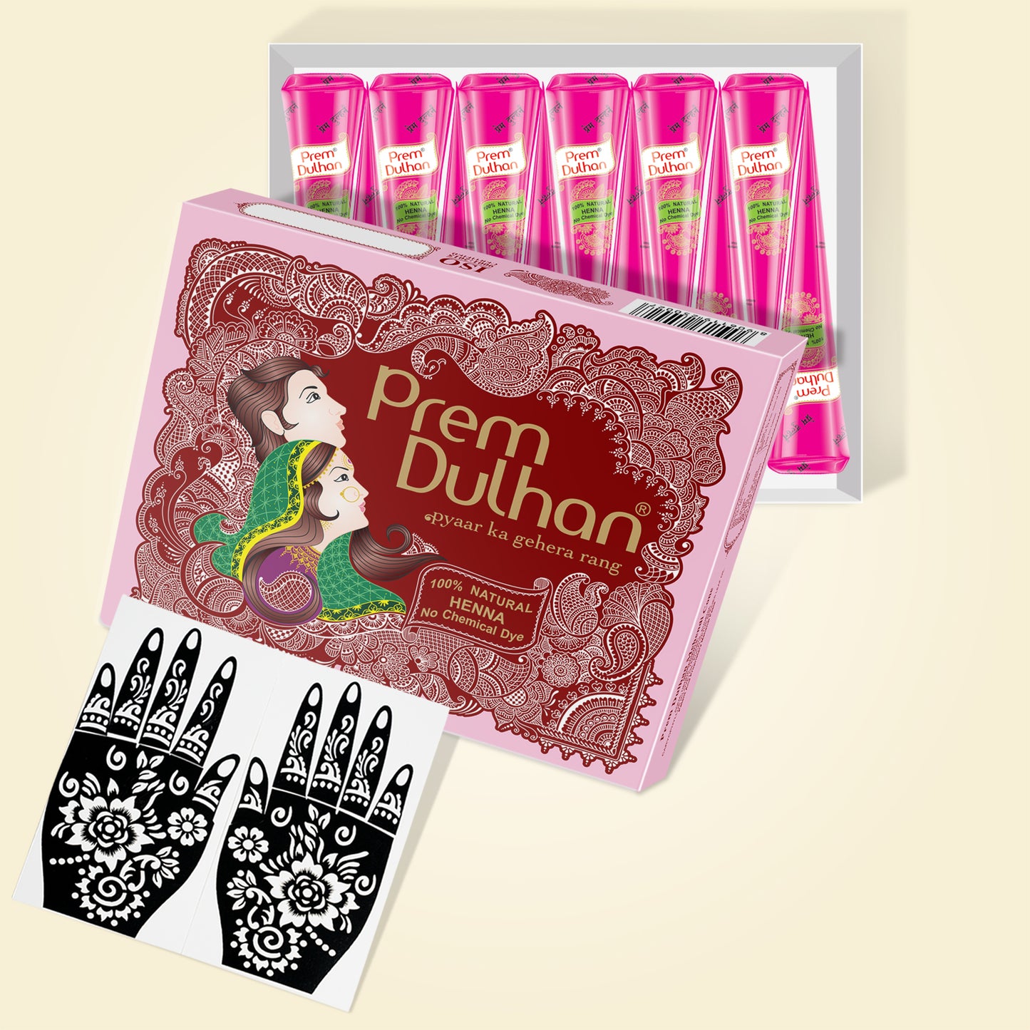 Prem Dulhan Ready to Use Mehendi Cones with Stencils Pink Box