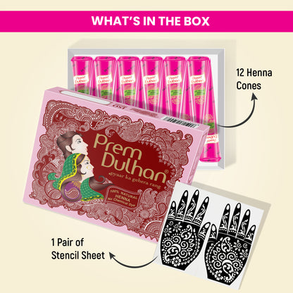 Prem Dulhan Ready to Use Mehendi Cones with Stencils Pink Box