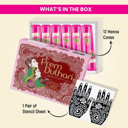 Prem Dulhan Ready to Use Mehendi Cones with Stencils Pink Box