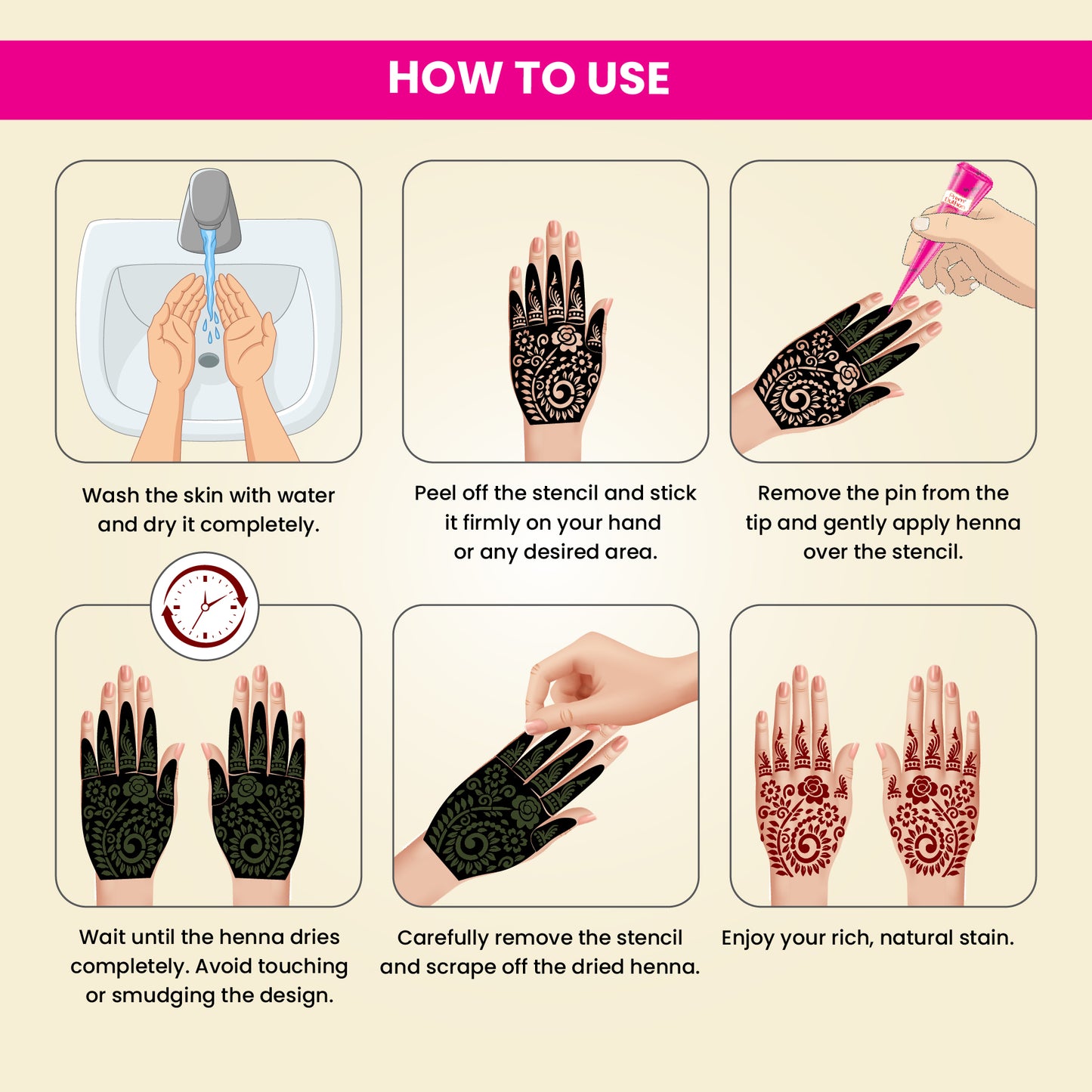 Prem Dulhan Ready to Use Mehendi Cones with Flower Stencils Pink Box