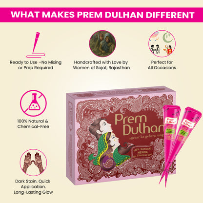 Prem Dulhan Ready to Use Mehendi Cones with Flower Stencils Pink Box