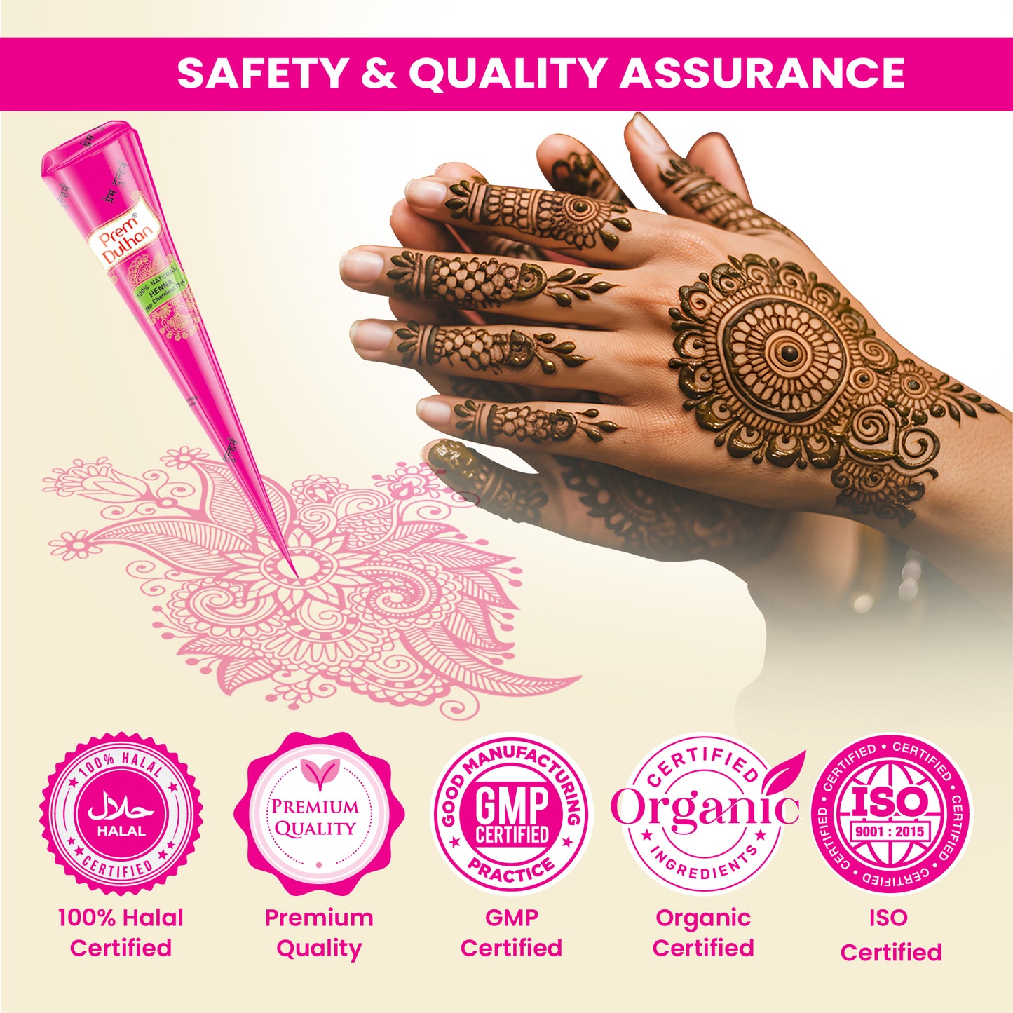 Prem Dulhan Ready to Use Mehendi Cones with Paisley Stencils Pink Box