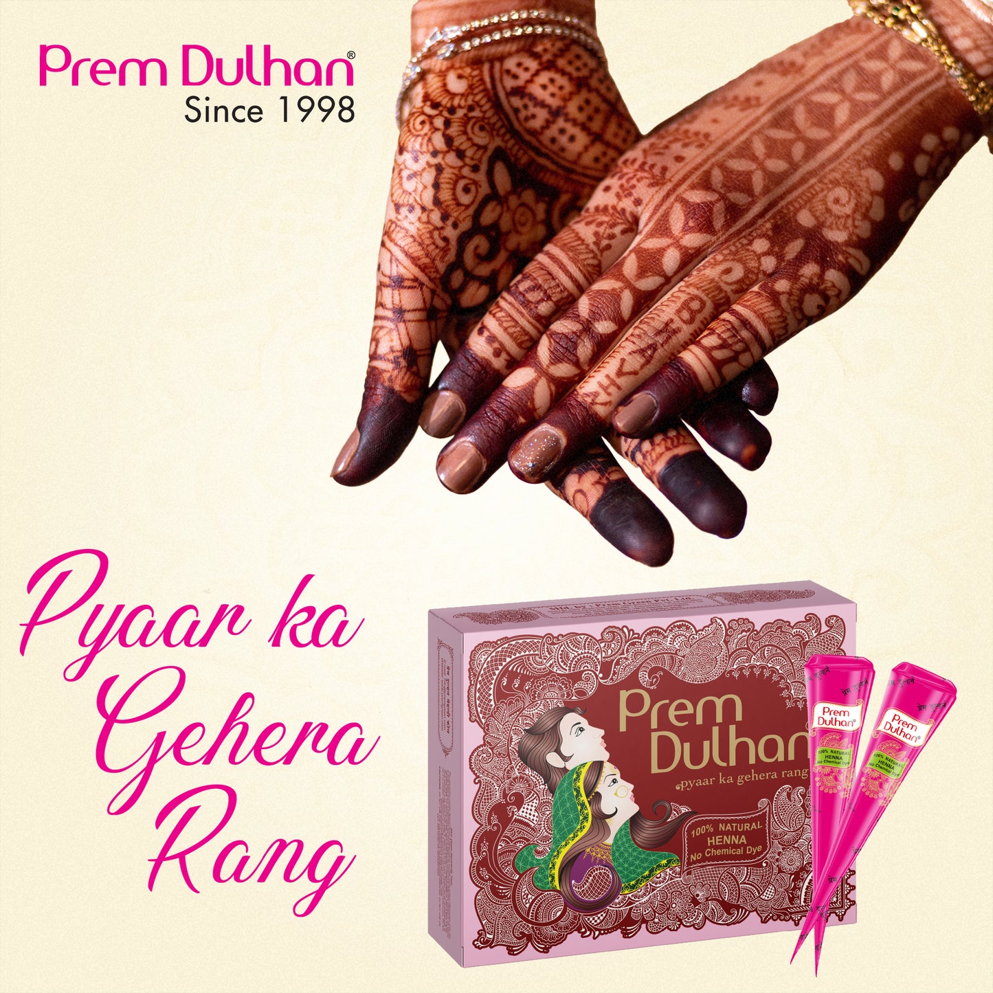 Prem Dulhan Ready to Use Mehendi Cones with Stencils Pink Box