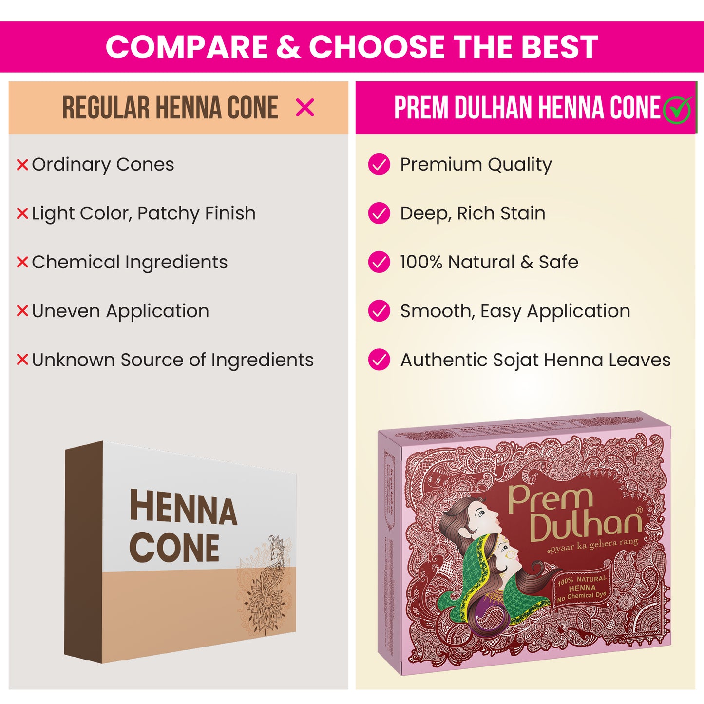 Prem Dulhan Ready to Use Mehendi Cones with Flower Stencils Pink Box