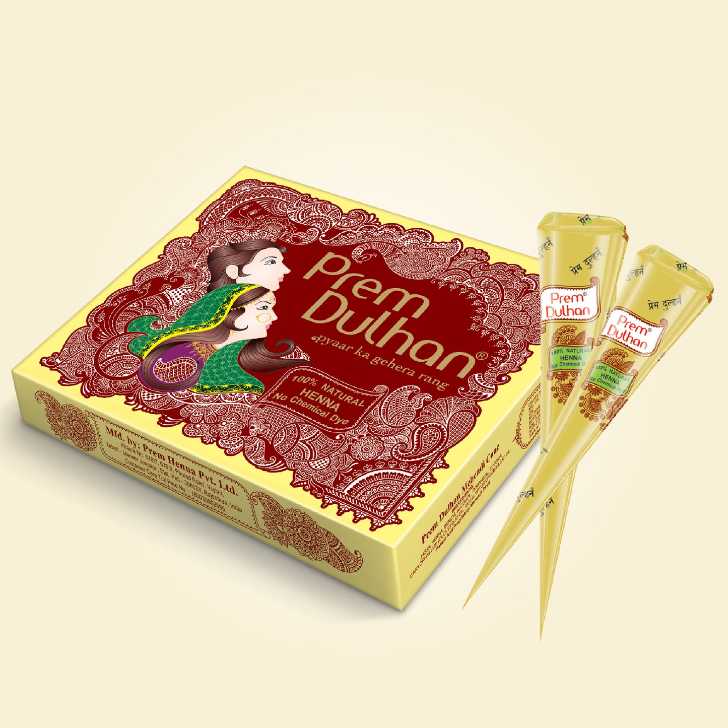 Prem Dulhan Mehendi Cone | 100% Natural Henna Cone-Yellow Box - Prem Dulhan