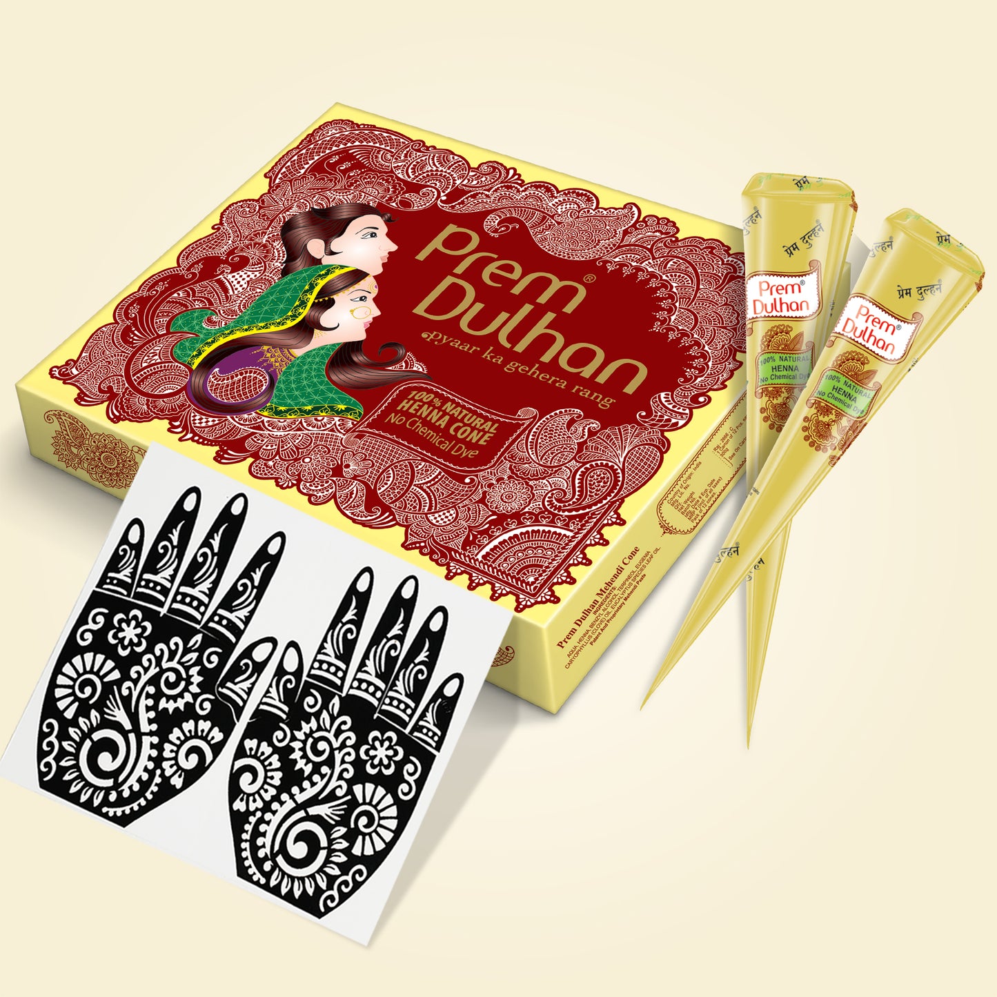 Prem Dulhan Ready to Use Mehendi Cones with Paisley Stencils Yellow Box