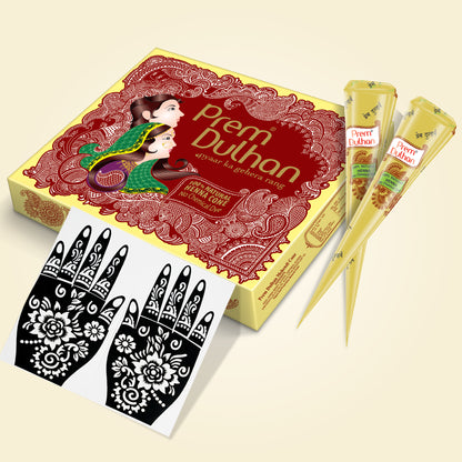 Prem Dulhan Ready to Use Mehendi Cones with Floral Stencils Yellow Box