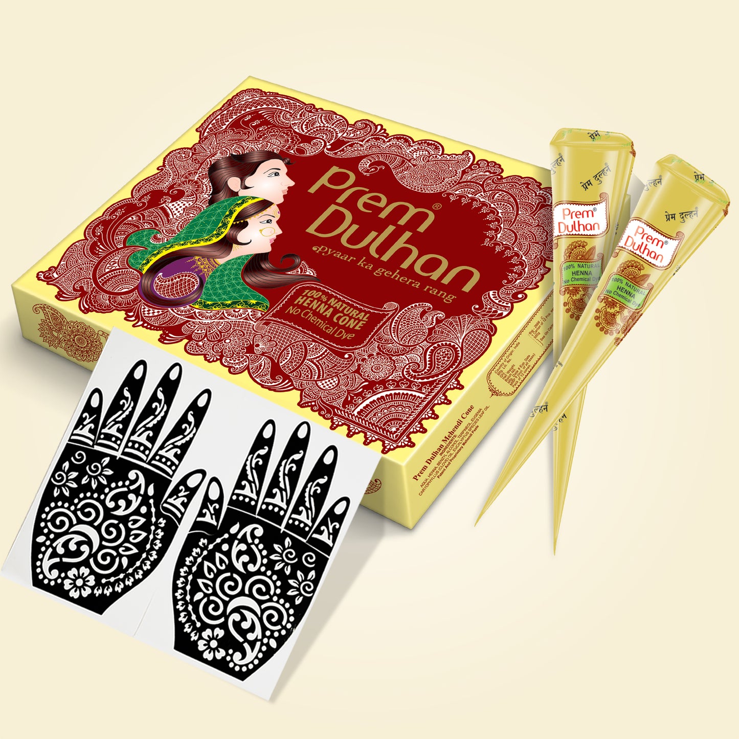 Prem Dulhan Ready to Use Mehendi Cones with Floral Paisley Stencils Yellow Box