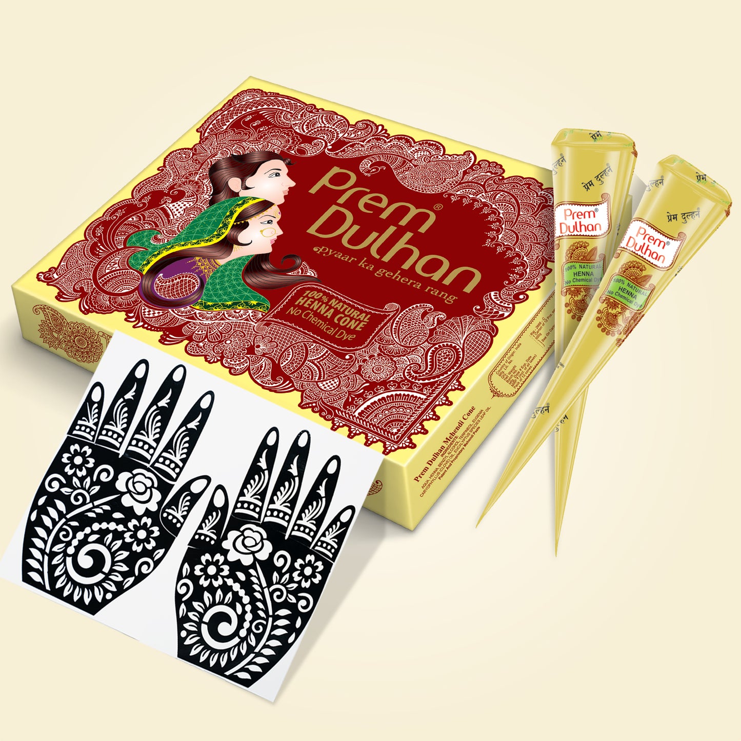 Prem Dulhan Ready to Use Mehendi Cones with Flower Stencils Yellow Box