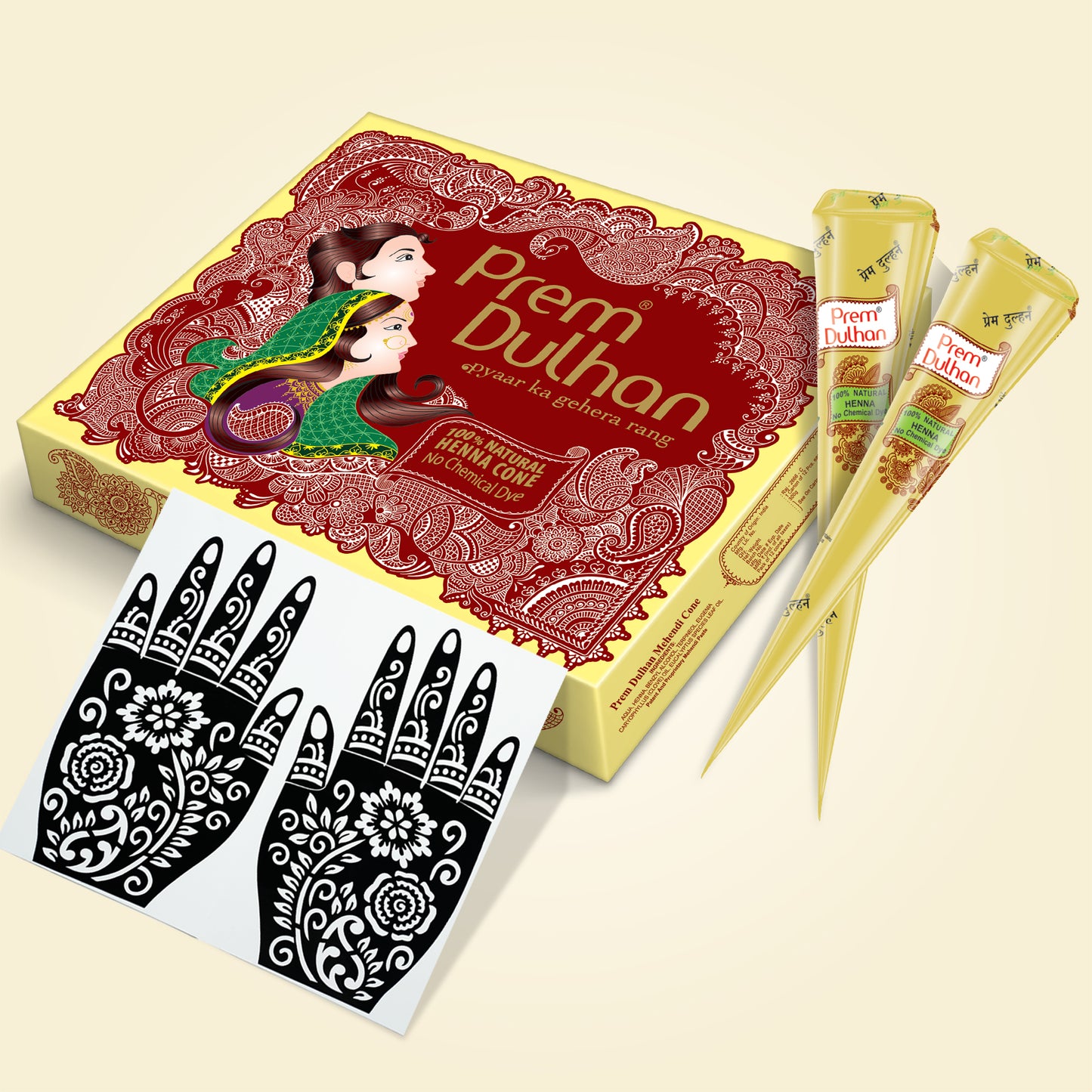 Prem Dulhan Ready to Use Mehendi Cones with Stencils Yellow Box