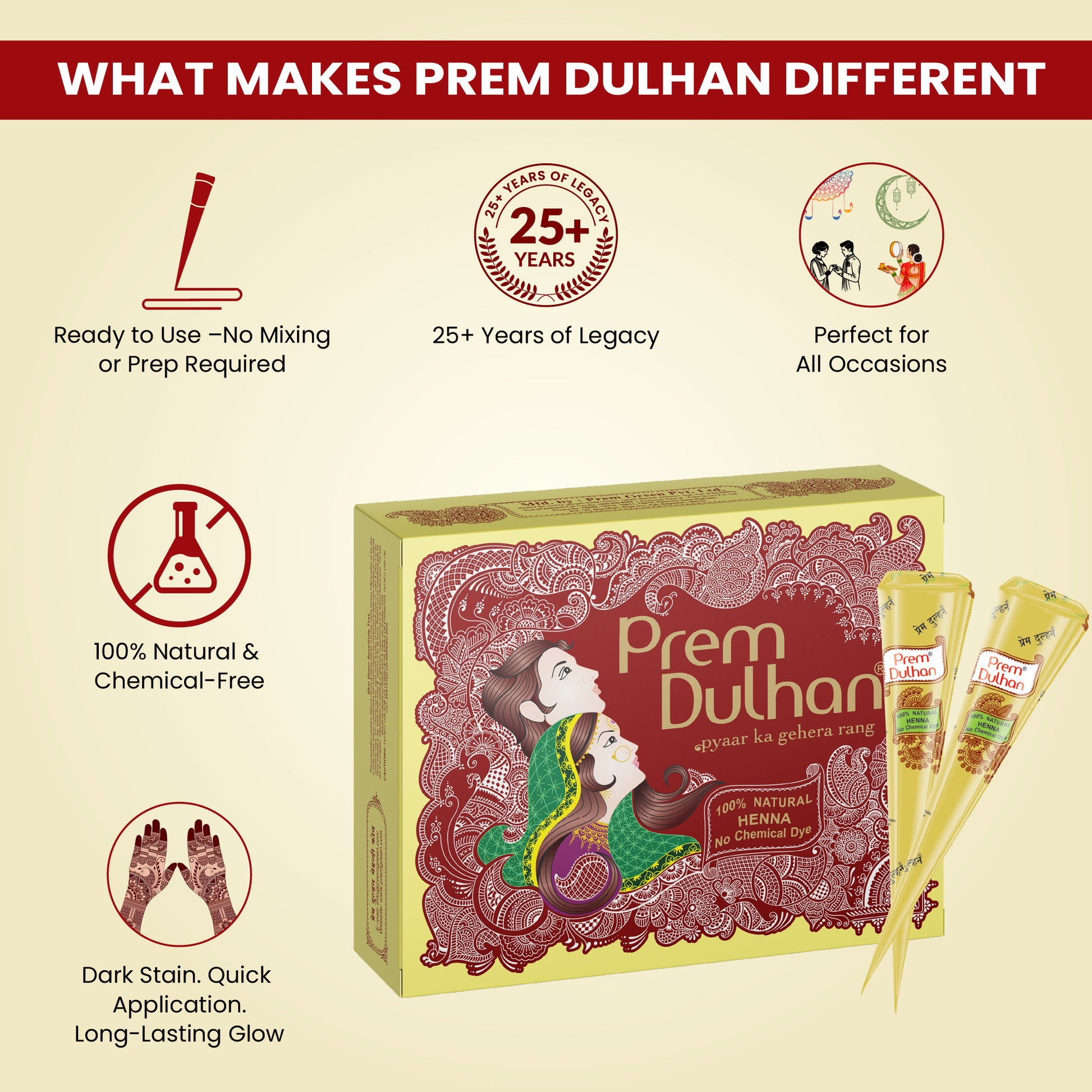 Prem Dulhan Mehendi Cone | 100% Natural Henna Cone-Yellow Box - Prem Dulhan