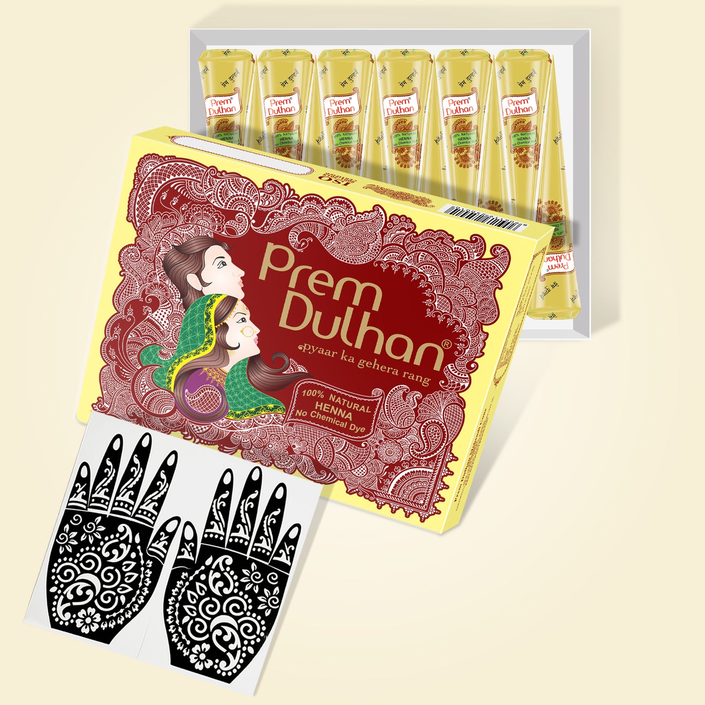 Prem Dulhan Ready to Use Mehendi Cones with Stencils Yellow Box
