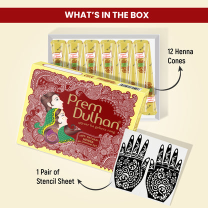 Prem Dulhan Ready to Use Mehendi Cones with Stencils Yellow Box